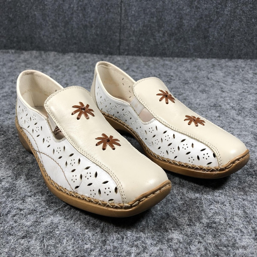 Rieker Antistress Shoes Womens Size 8.5 White Leather Slip On Floral Cutout‎